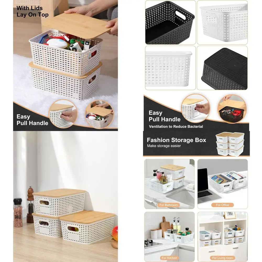 

6-Pack Plastic Storage Bins with Bamboo Tops for Pantry, Closet, Playroom, and Office Organization, White