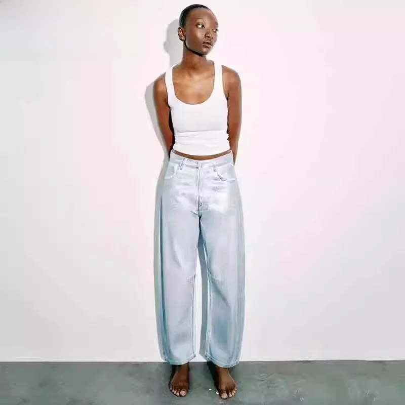 

Faionable Loose Metal Foil Balloon Jeans Women's Spring New Arrival High Waist Straight Leg Long Pants Denim Casual Trousers