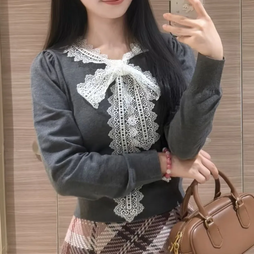 

Женский кардиган с бантом 2024, с длинными рукавами, Ropa Mujer, осенний новый элегантный свитер, кружевной вязаный свитер, женская японская одежда