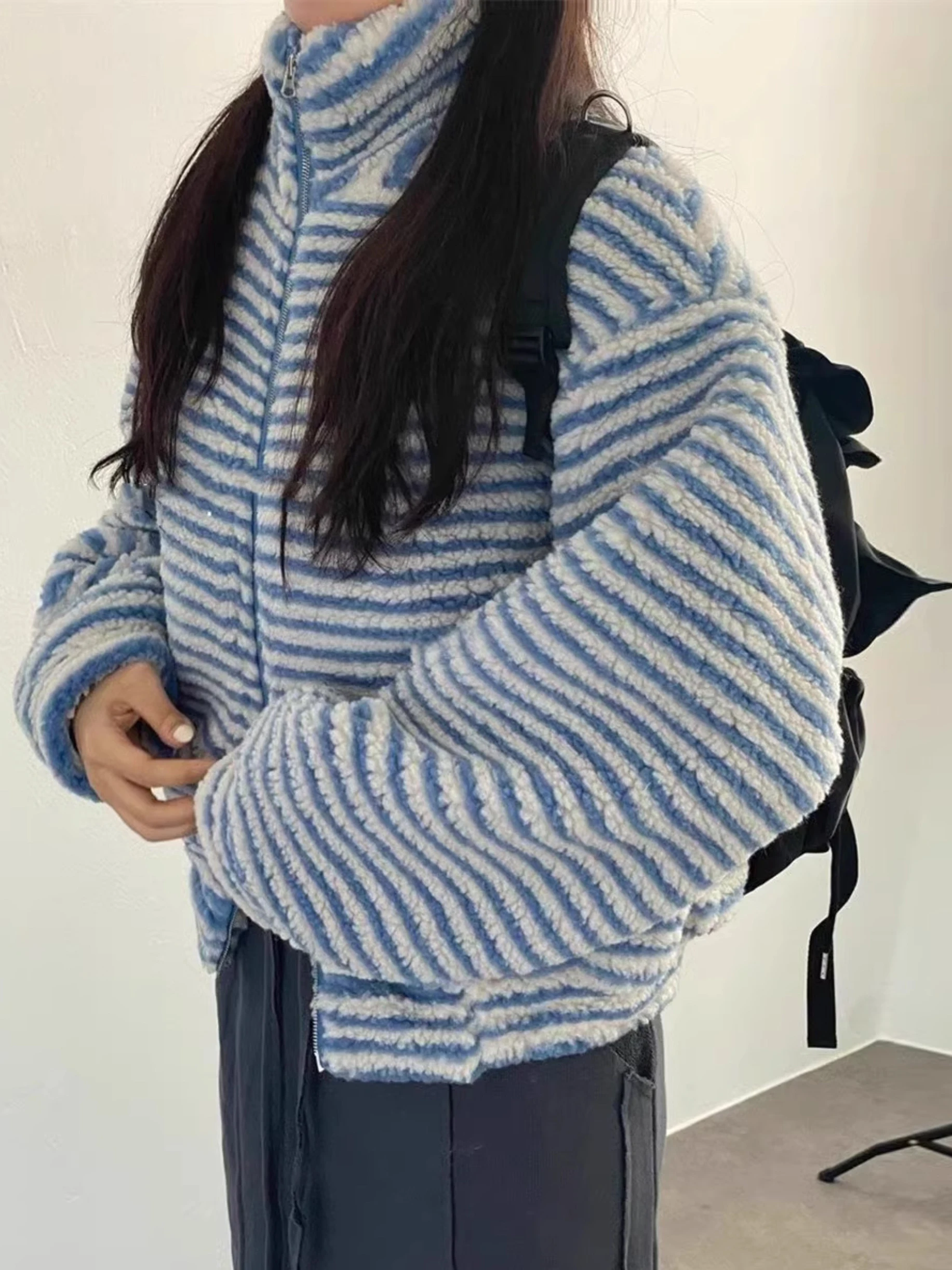 المرأة عادية Sle فضفاضة تناسب ort Jaet معطف فرو الضأن شريط نمط الوقوف طوق مزدوجة سستة دافئة الخريف الشتاء ملابس خارجية
