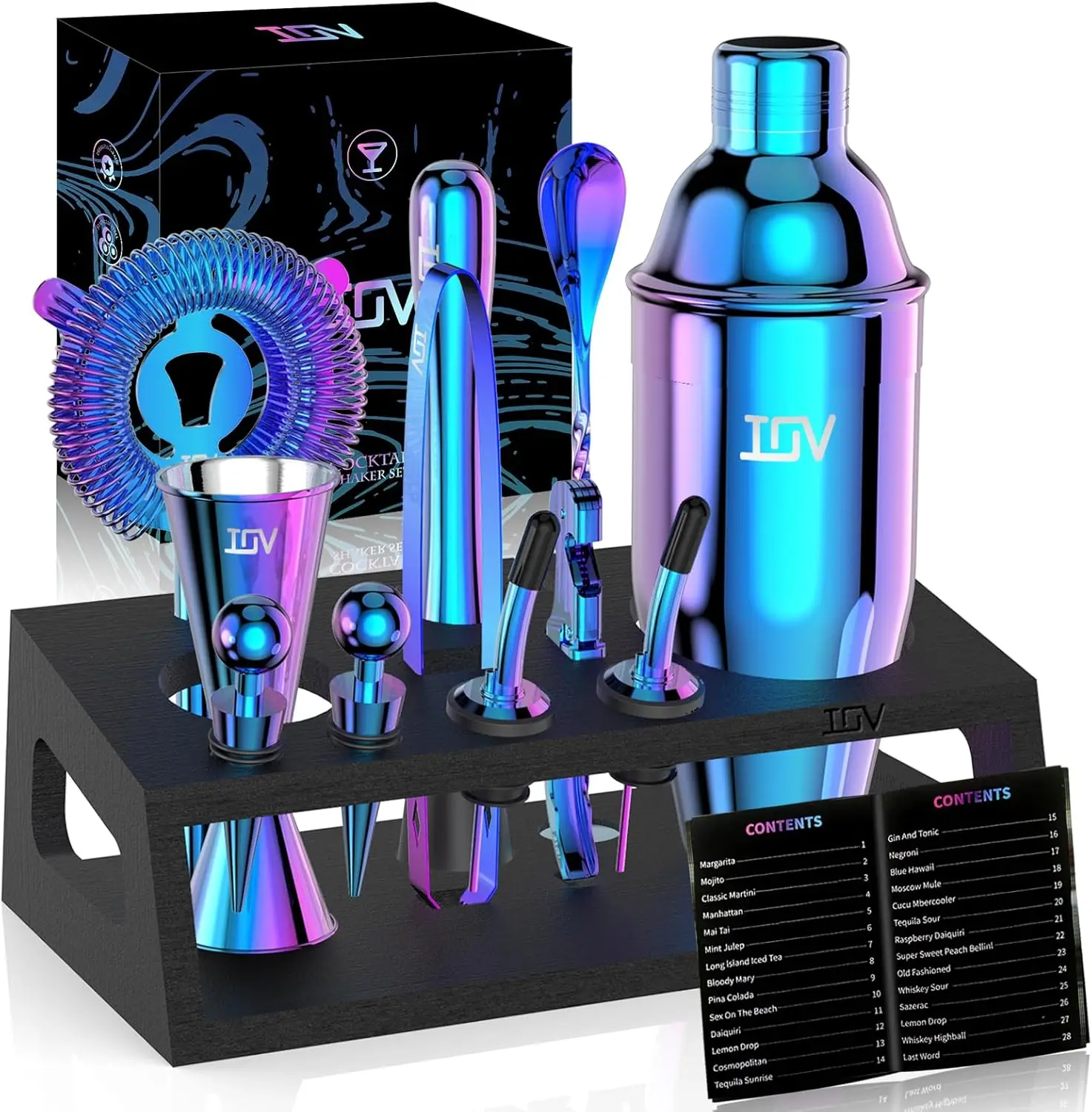 

12-Piece Cocktail Shaker Set with Stand | 24oz Martini Shaker Kit | Bar Tools & Recipe Book | Housewarming Gift