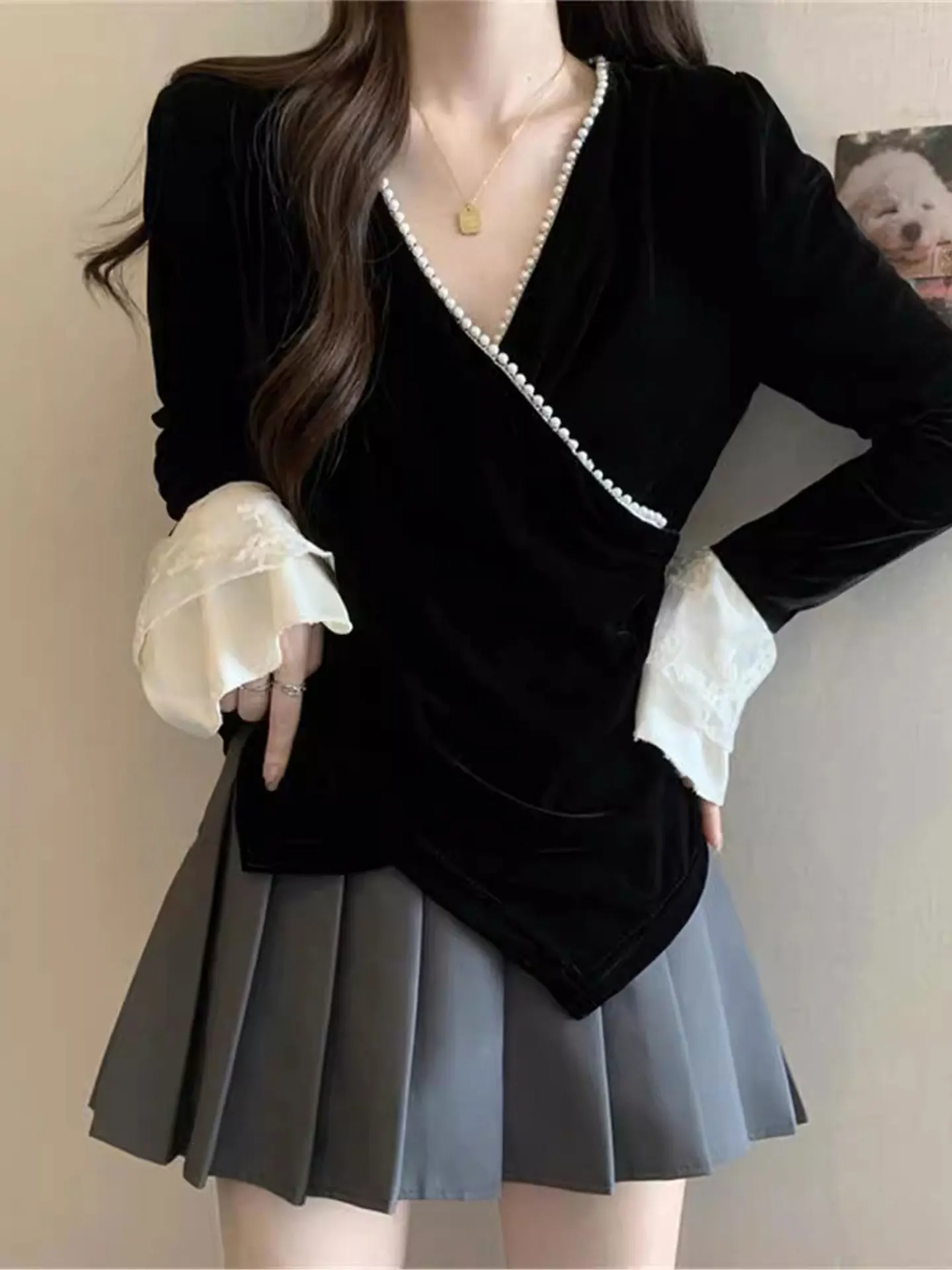 

Ele Long Sve Women's irt Spring Faion plus Size Bell Sve V-Ne Casual Sle High-End Feeling plus Size Top