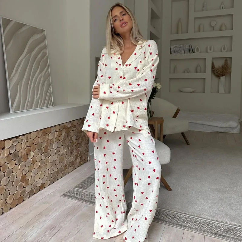 New Women's Sleepwear with Heart-shaped Printed Long Sleeved Pants, Casual and Comfortable Two-piece Set for Women's Home Wear