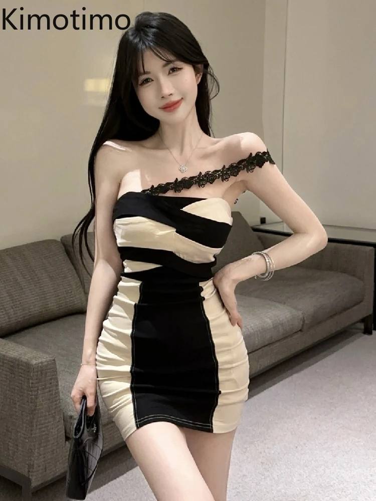 Kimotimo сексуальное вечернее платье с наклонными плечами и высокой талией, эластичные облегающие короткие платья на бедрах, летние клубные платья с открытой спиной