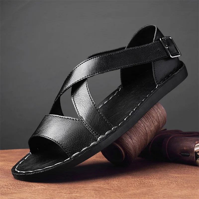 

Мужские кожаные сандалии, модные римские сандалии в европейском стиле, молодежные перфорированные туфли, повседневная обувь больших размеров (47), дышащие