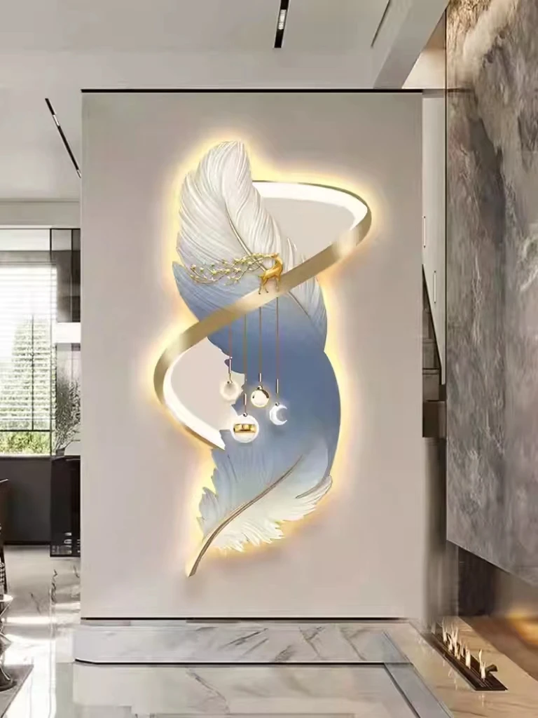 Feather decoration painting, luxurious high-end entrance corridor, corridor mural, vertical version mural, LED light painting