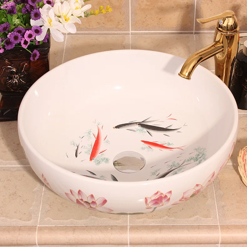 

Fish pattern China Artistic Handmade Art wash basin Ceramic Counter Top Wash Basin modern ceramics wash basin Bathroom Sink