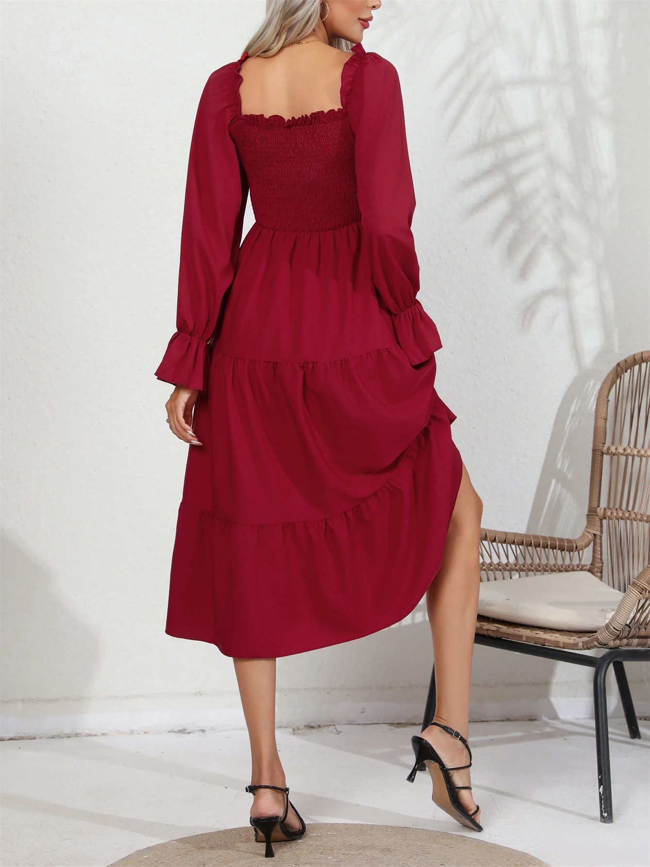 Spring & Autumn Casual Solid Squared Neck Shirred Ruffle Trim Long Sleeve Tiered Dress For Women