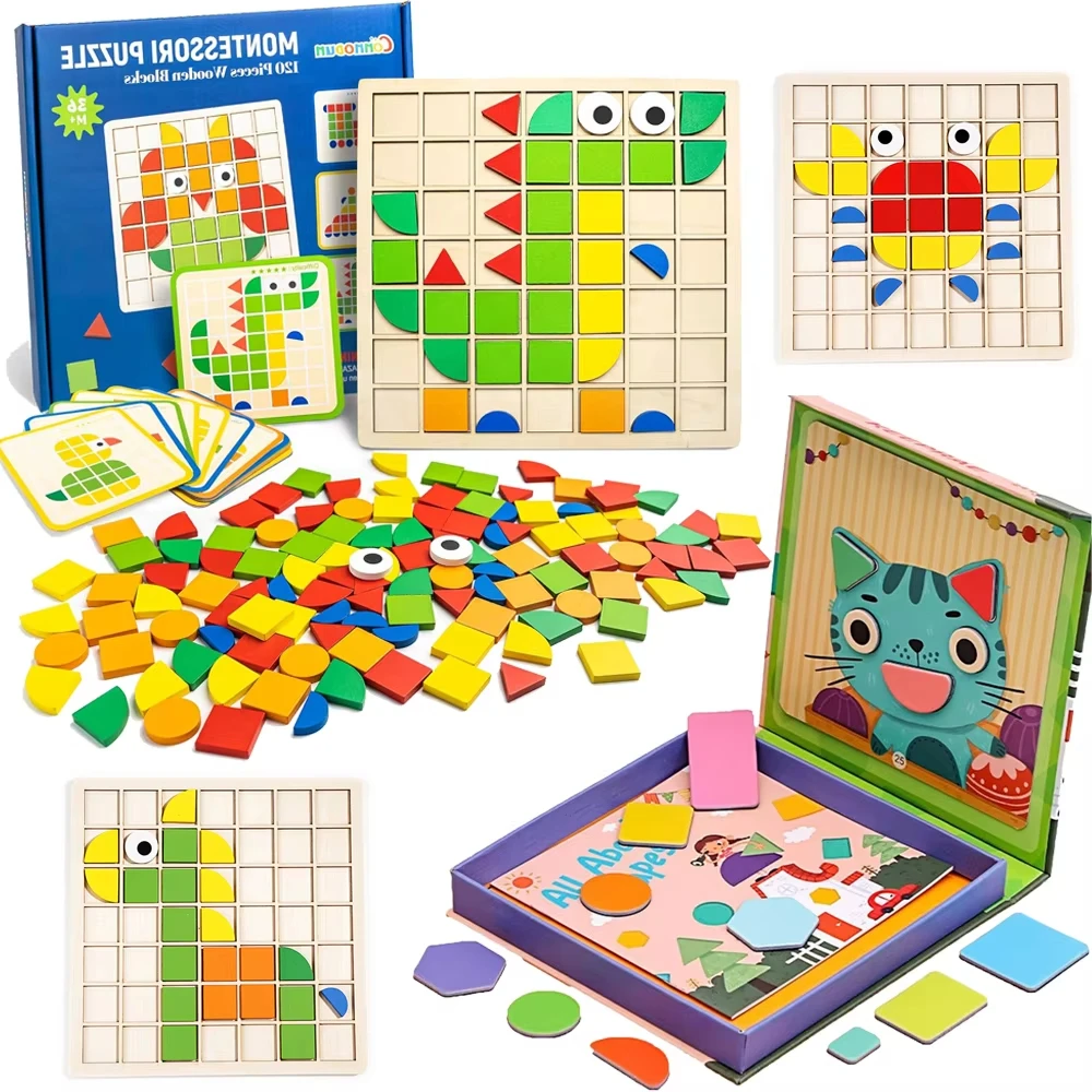 

3D Geometric Shape Jigsaw Puzzle Board Set Wooden Mosaic Puzzle Toy Montessori Kids Wooden Baby Early Education Toy for Children