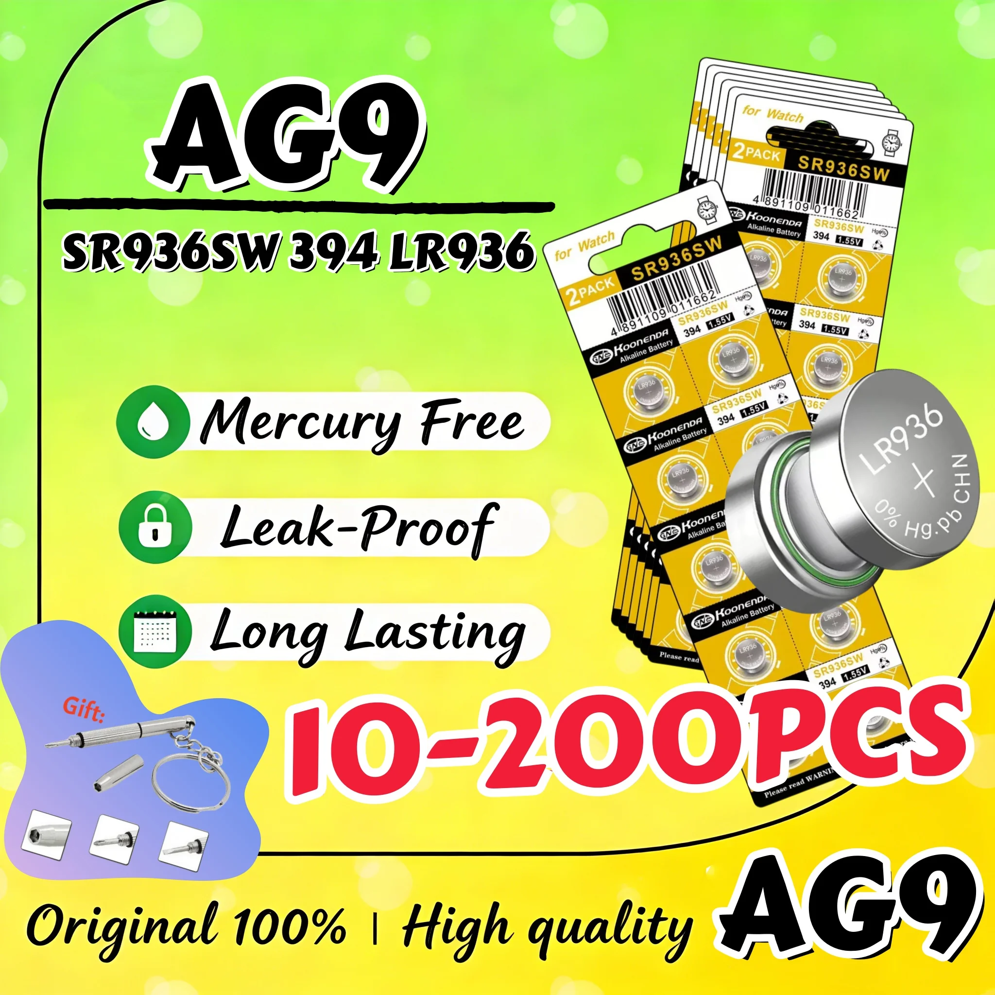 

10-200 шт. 1.5V AG9 LR936 Батарейки-таблетки SR936SW LR936 LR45 396A для калькуляторов, термометров, игрушек, часов