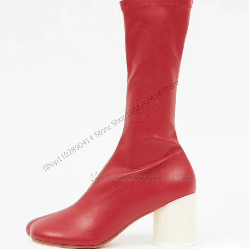 

Red Leather Mid Calf Horse Hoof Boots Slip On Women Shoes Chunky High Heels Fashion Party Feast Runway 2023 Zapatos Para Mujere