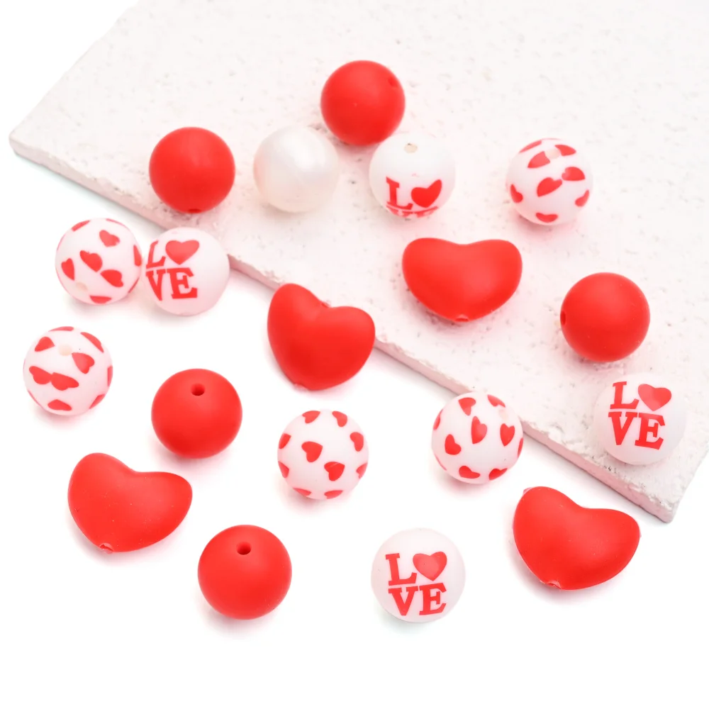 32pcs Love Silicone Bead Set Round Peach Heart LOVE Printed Red Classic Bead DIY Baby Pacifier Chain, Decorations Accessories