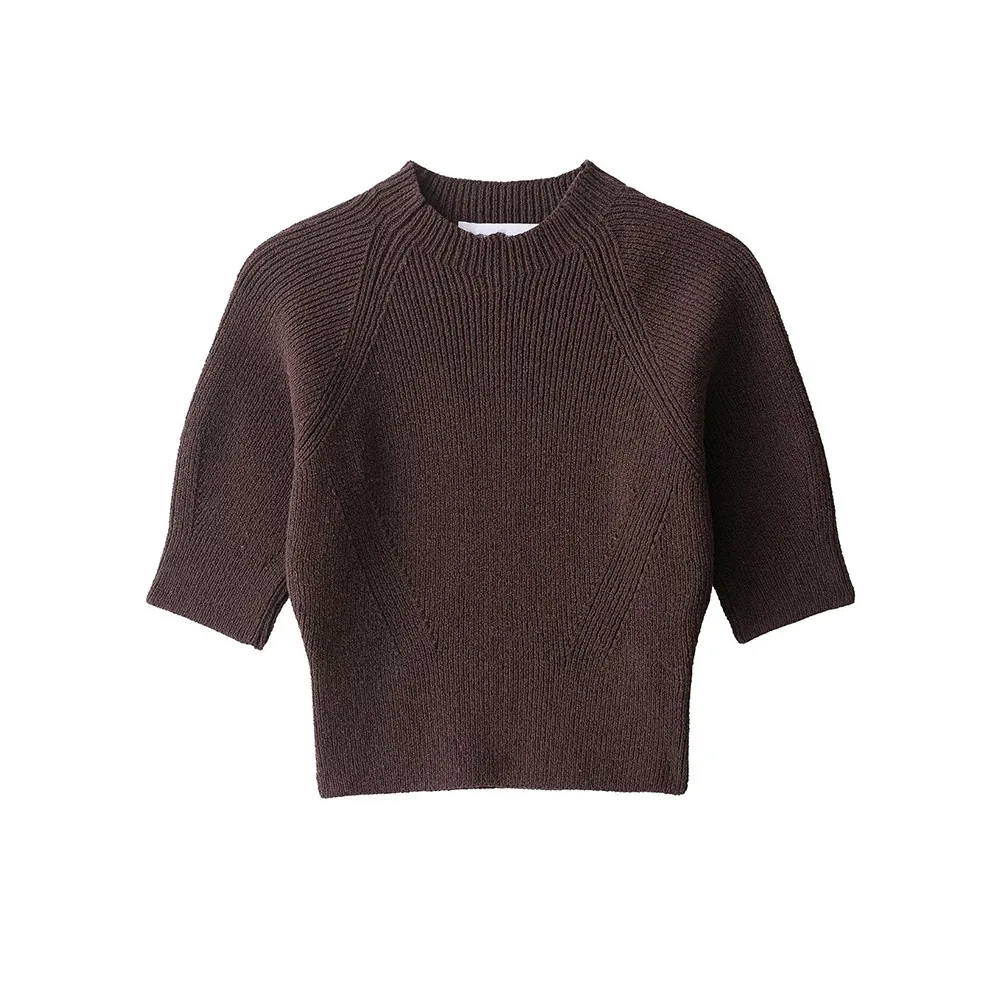 

Woman's Rib Knit Sweater Round Neck Slim Waist Short Sleeve Knitted Pullover Simple Versatile Early Autumn New Female Top