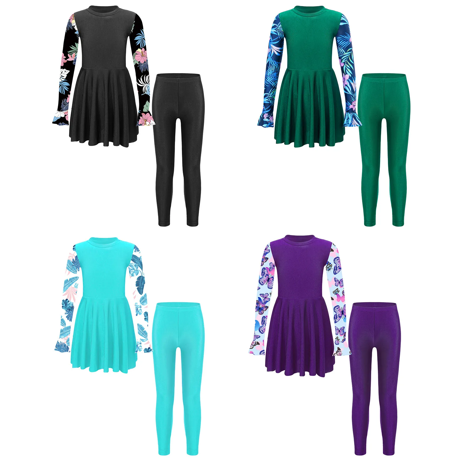 Kids Girls Swim Sets 2PCS Swimsuit Swimwear Beachwear Outfits Long Sleeve Printed Swimming Dress with Pants Summer Bathing Suits