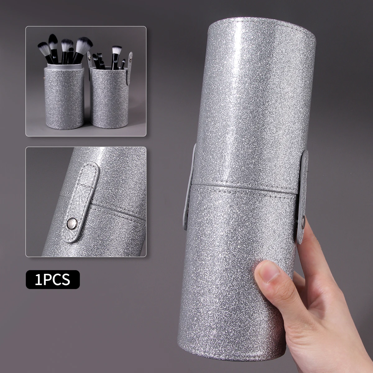 1Pc Glitter Silver Makeup Brush Holder, Portable Cylinder Cosmetic Brush Storage Case, Detachable Travel Makeup Organizer Bag