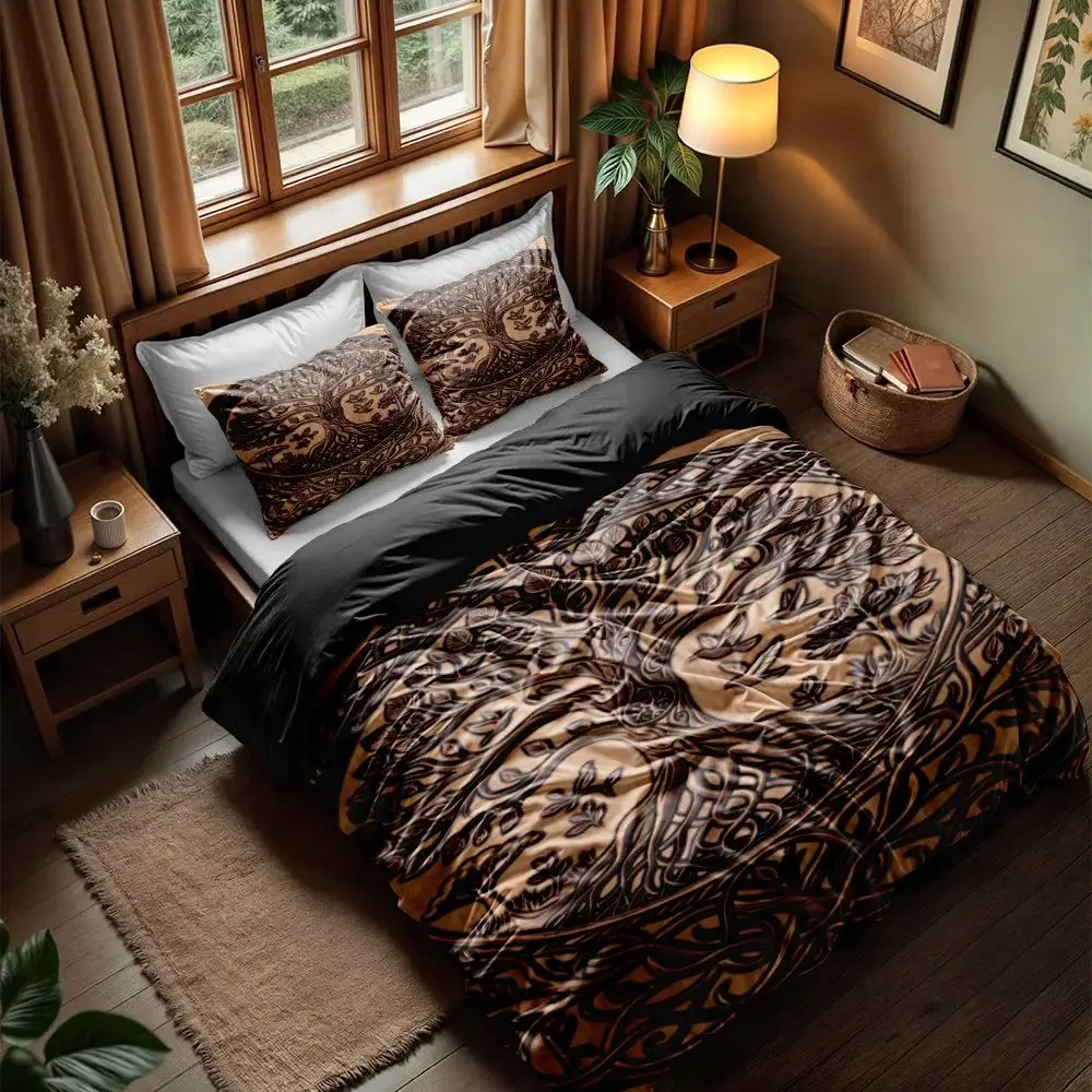 Vikings Yggdrasil Fenrir Wolf Bedding Set King Queen Double Full Twin Single Size Mythology Symbols Runes Bed Linen Set
