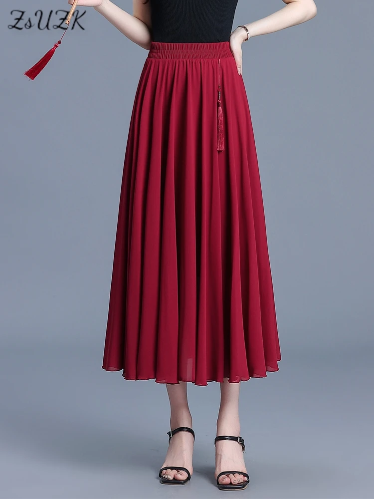 ZUZK Summer Chiffon Long Skirts For Women New Elastic Waist Fashion Boho Beach Maxi Skirts Big Swing Cool Droop Skirt Jupe