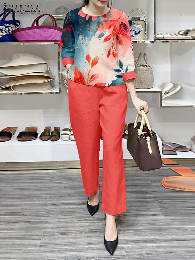 

2PCS Casual Tracksuit Two Piece Sets Outfits ZANZEA Elegant Women Work Pant Sets Fashion 3/4 Sleeve Floral Blouse Trousers Suits