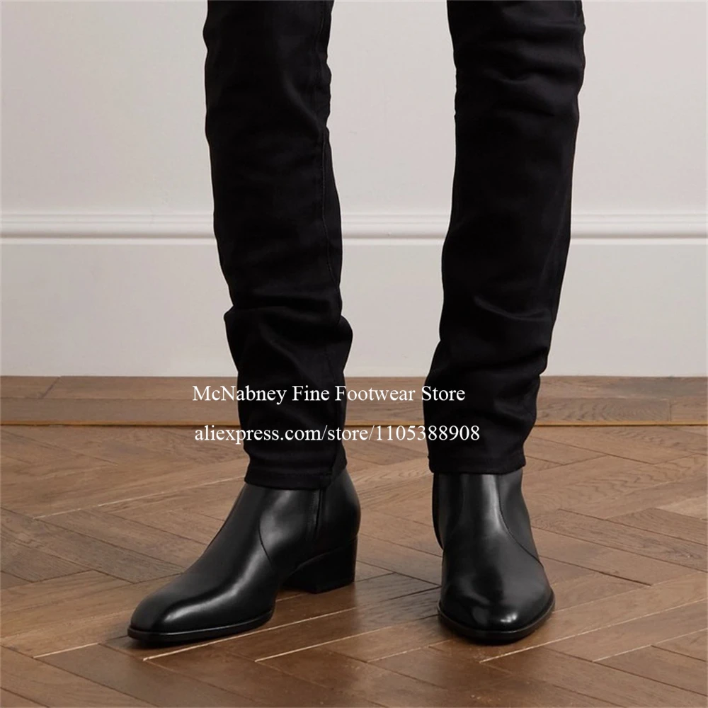 Classic Leather Side Zipper Ankle Boots Men Pointed Toe Block Heel Formal Shoes Business Dress Shoes Gentleman Style Shoes