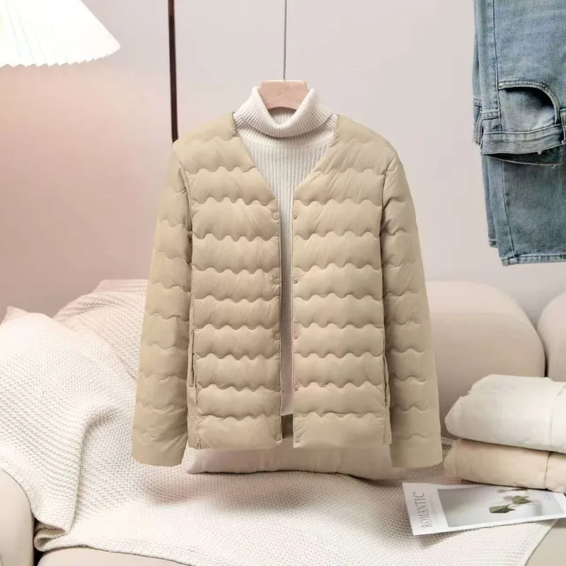 여성용 가을/겨울 경량 다운 재킷용 내피 - 반팔, 라운드 넥, 몸에 꼭 맞는 디자인, 칼라 없음