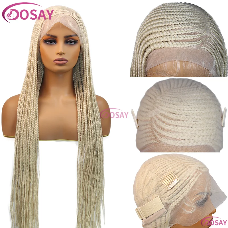 العسل شقراء كامل الدانتيل كورنو شعر مستعار مضفر للنساء السود الاصطناعية Knotless صندوق الضفائر شعر مستعار آلهة الجانب جزء شعر مستعار مضفر