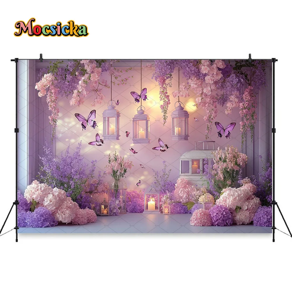 Girl Birthday Photography Background Purple Flower Wall Butterfly Candle Lantern Backdrop Baby Show Maternity Photo Studio Prop