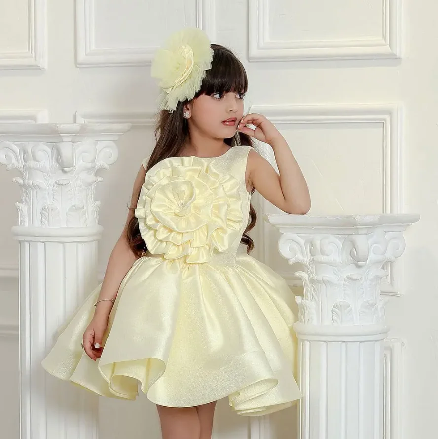 Yellow Puffy Flower Girls Dress for Wedding Kids Party Dress O Neck Sleeveless Princess Pageant Gown First Communion Dress