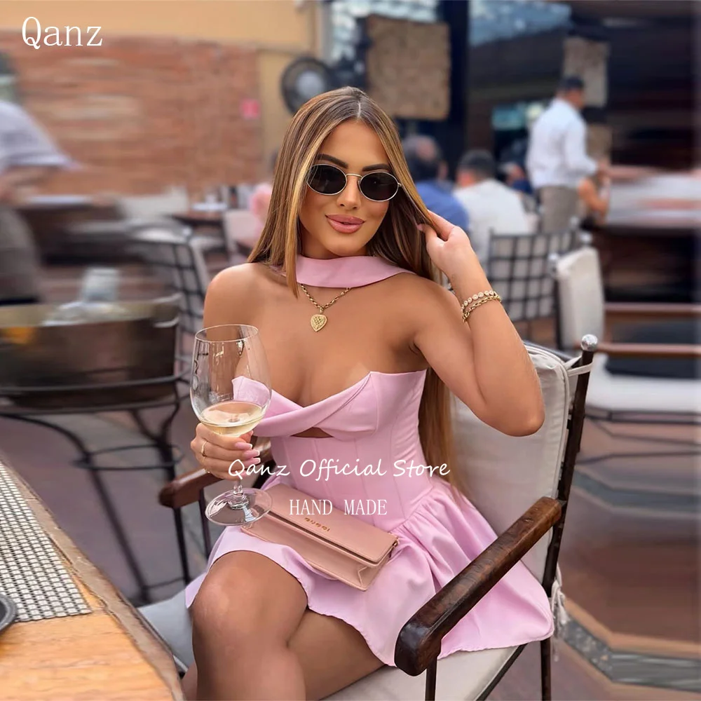 

Qanz Pink Prom Dress Strapless Mini Satin Cocktail Dresses Women Mini A Line Above Knee Sexy Vestidos Para Mujer Customized