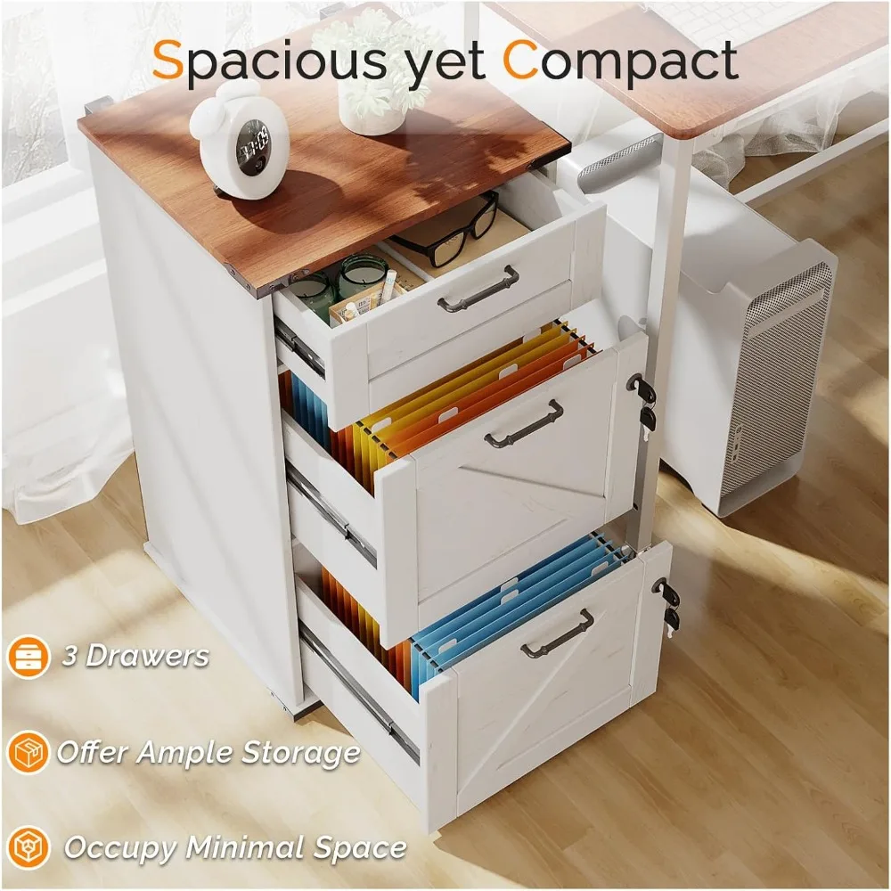 Archivador de tamaño carta de 3 cajones estilo granja moderno con cerradura para organización de oficina en casa