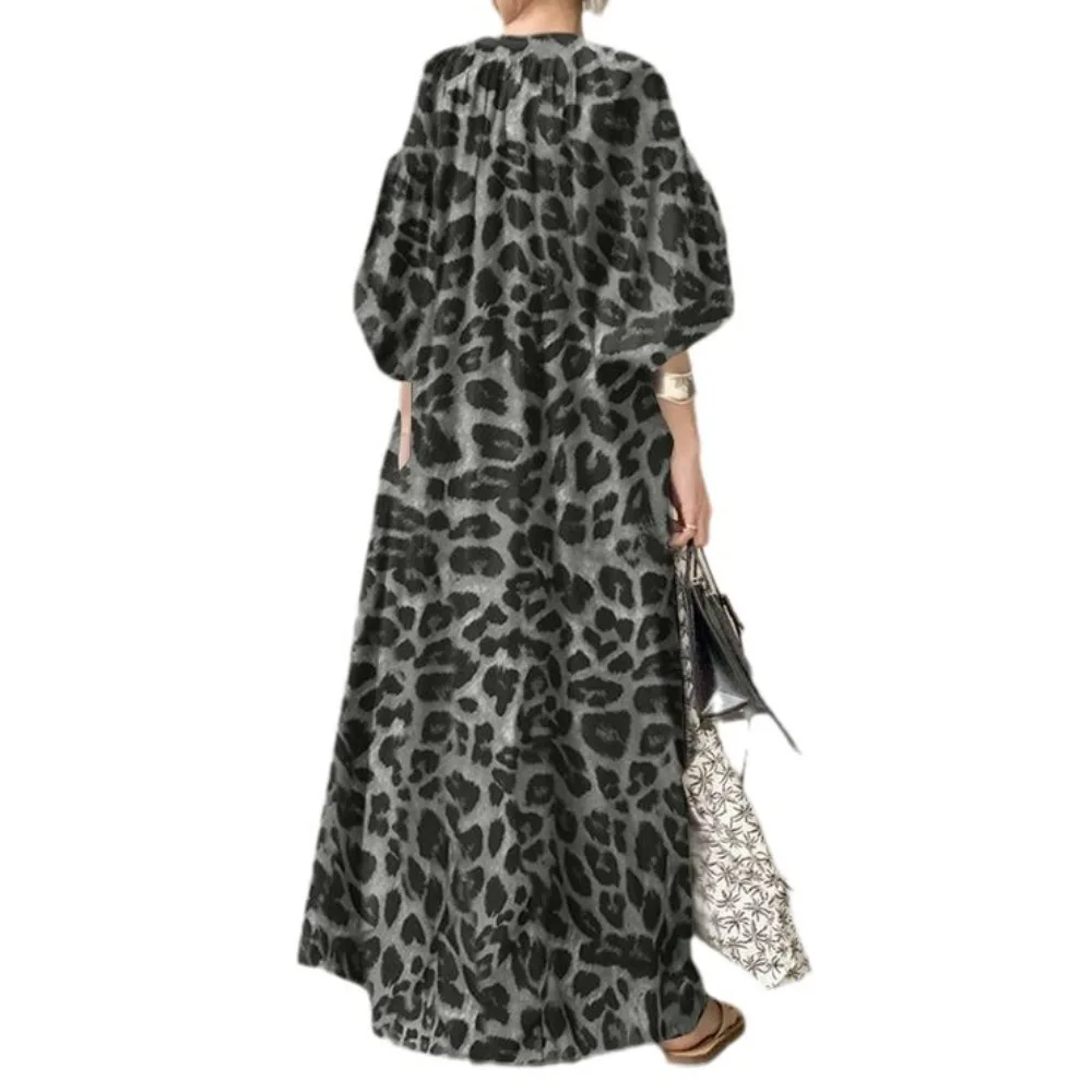 Fashion Women Chiffon Dress Stand Collar Printed Pockets Muslim Abaya Vestidos Loose Long Sleeves Simple Casual Cardigan Dresses