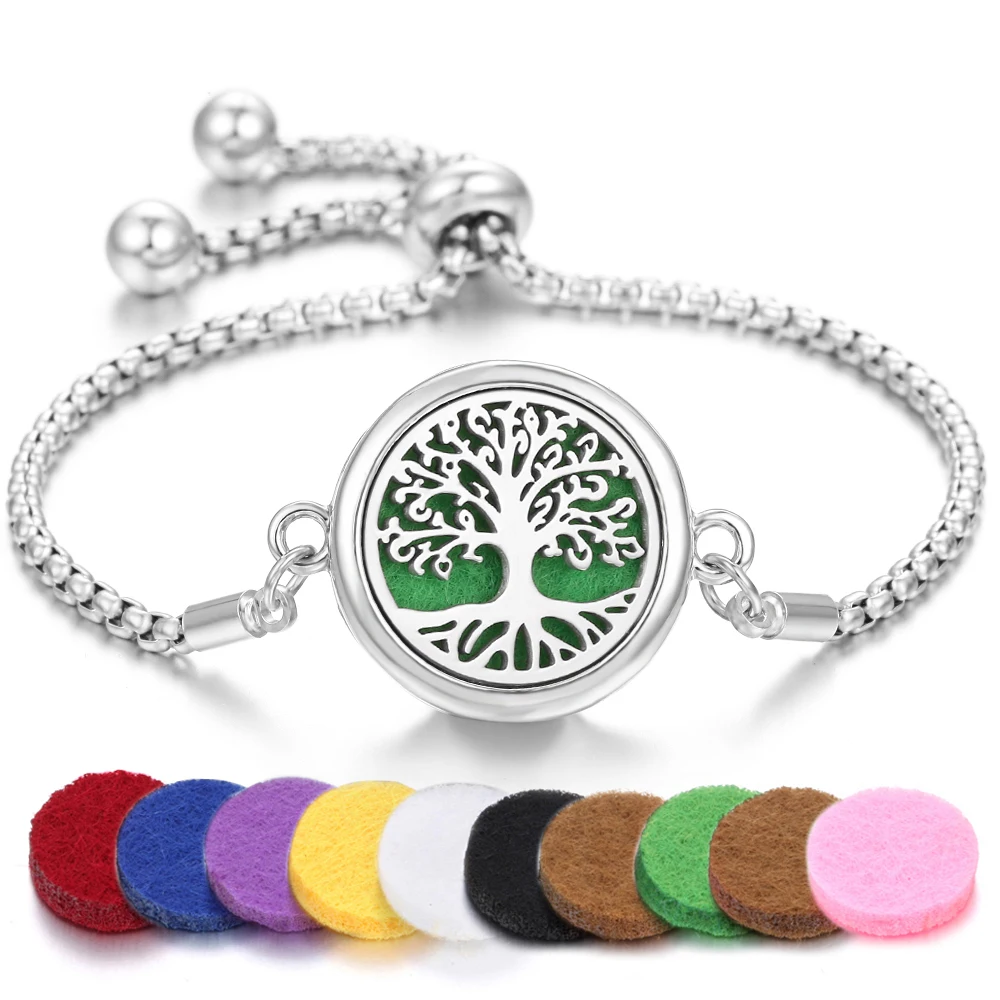 Tree of Life Aromatherapy Bracelet Open Lockets Bangle Essential Oil Diffuser Bracelet Adjustable Chain Bracelet with 10pcs Pads