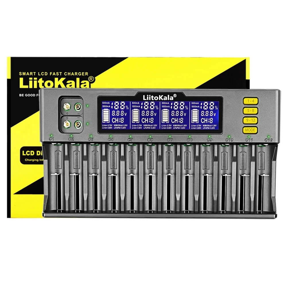 Liitokala Lii-S12 12-Slot Lcd Acculader Voor Li-ion Lifepo4 Ni-mh Ni-Cd 9V 21700 20700 26650 18650 16340 18350 Rcr123 18700