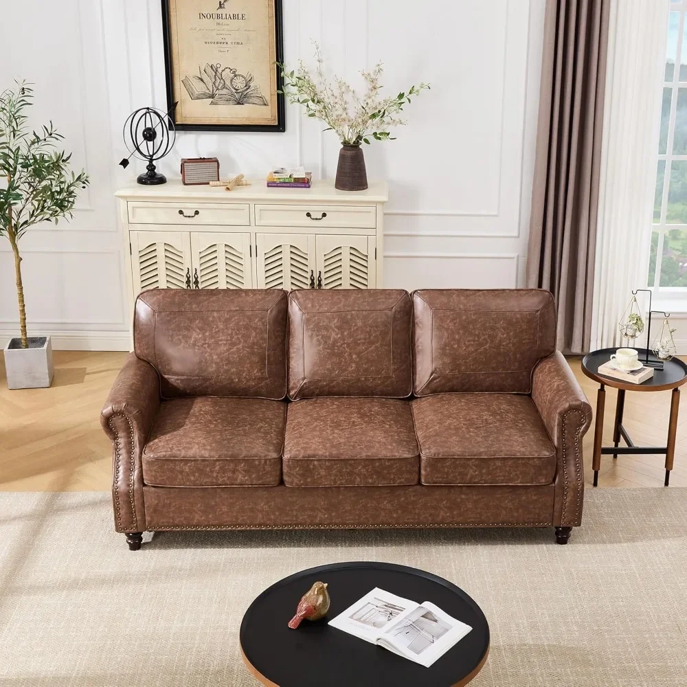 Mid Century Modern 79 Faux Leather Sofa for Living Room, Rolled Arm & Nailhead Trim