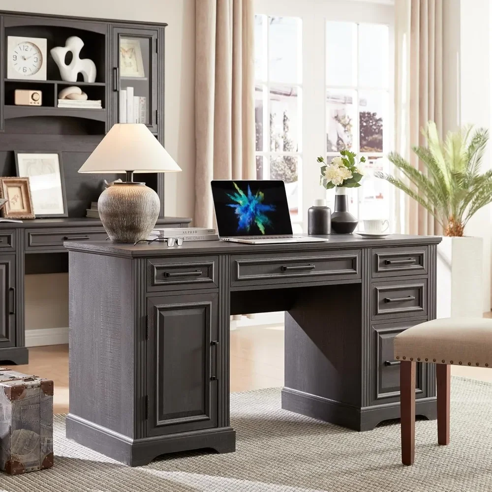 Farmhouse Computer Desk with Drawers and Cabinet, Embossed Texture Home Office Desk, Workspace for Work Study Writing