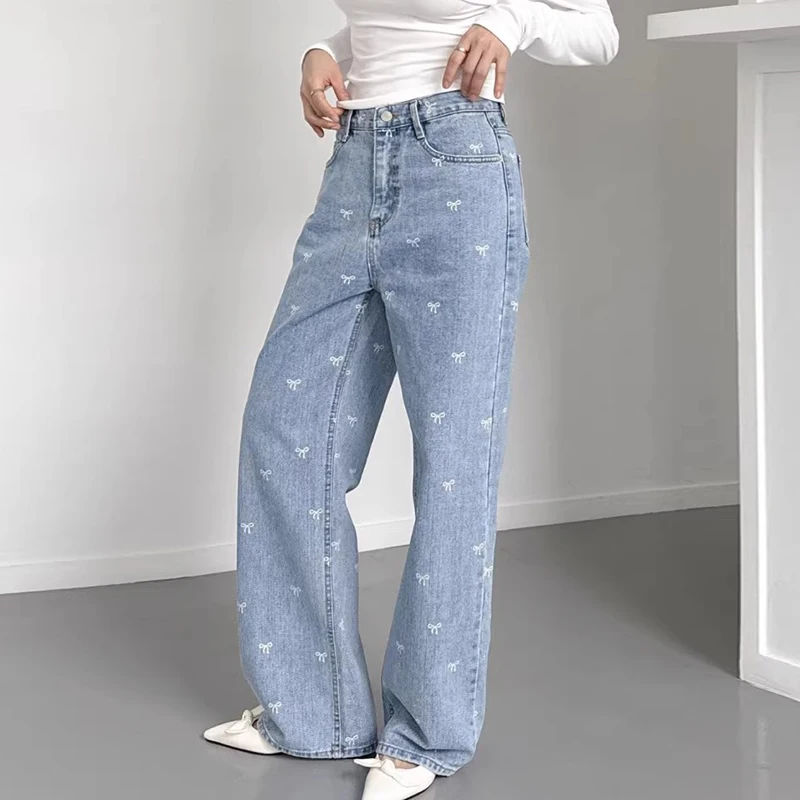 

Chic High Waist Wide Leg Straight Cut Denim Jeans Women's Spring Faion Knot Decoration Slimming Versatile Jeans