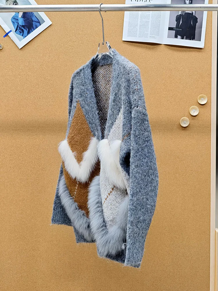 2026 Autumn Spring Cardigan Sweater Women Coat Real Fox Fur Knitted Sweater Loose Long Sleeves Female Coats
