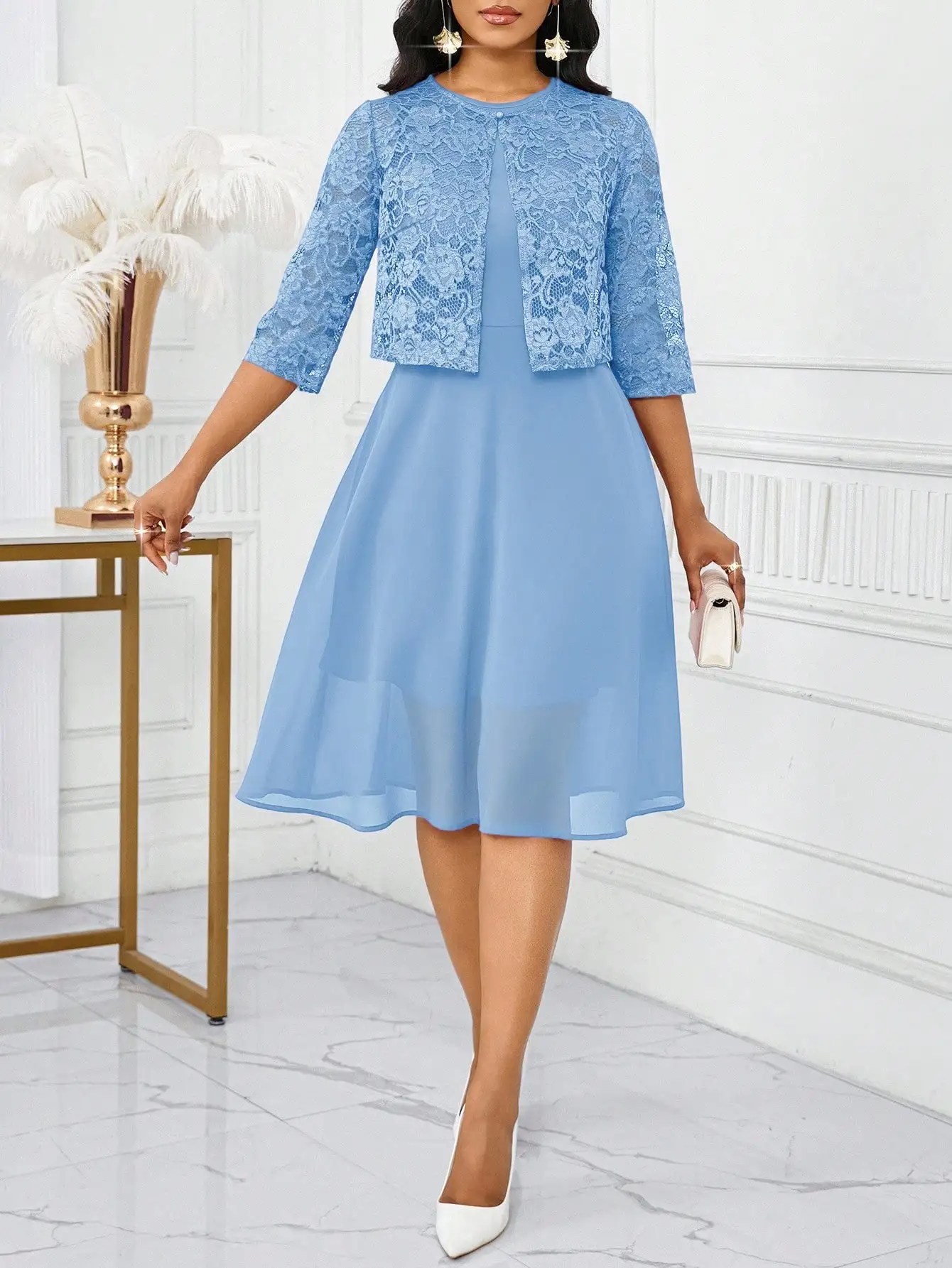 

Elegant Blue Lace 2-Piece Dress Set For Women Knee-Length Office Party Wedding