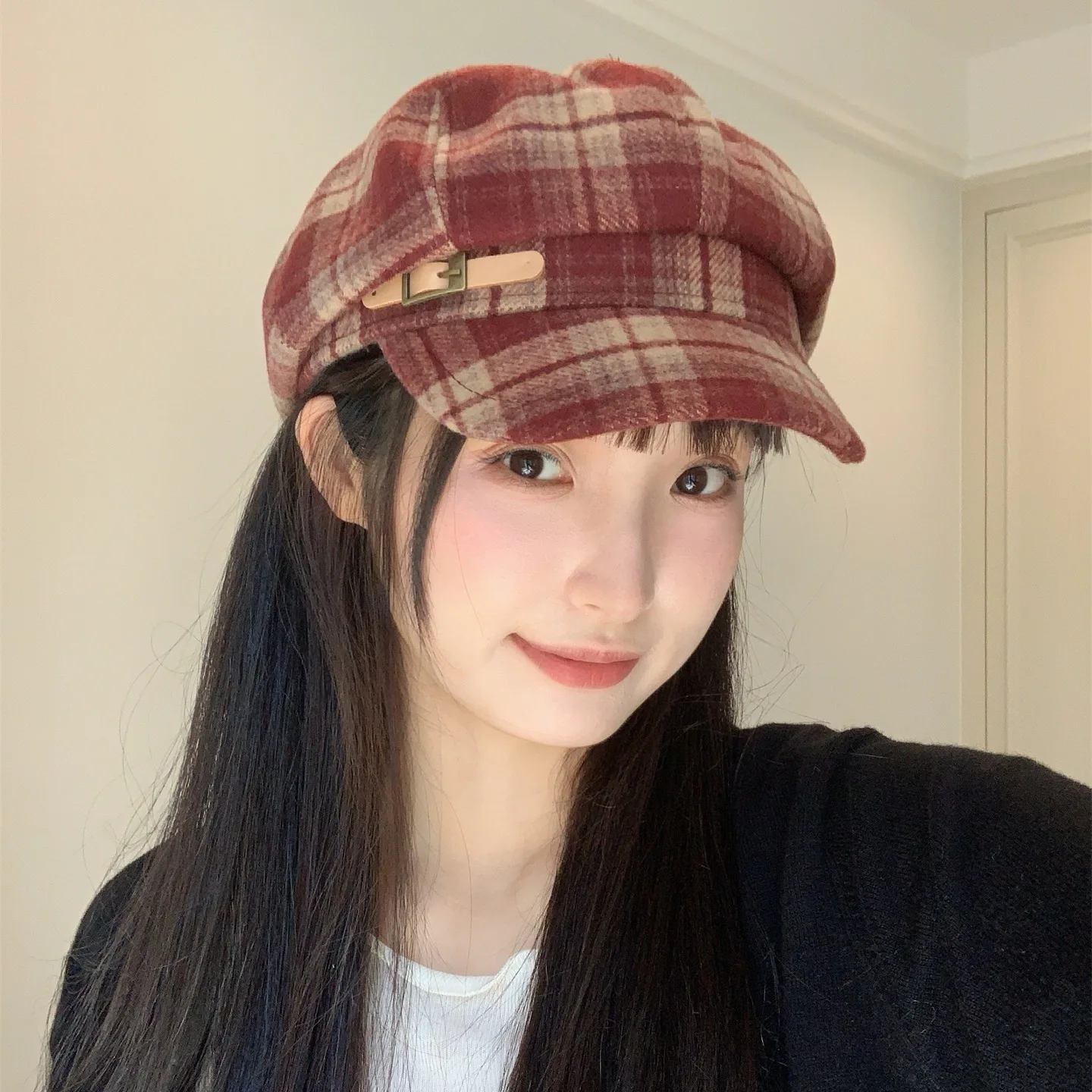 Autumn Octagonal Hats Women Retro Checked Octagonist Painter Hat Female Fashion British Autumn Peaked Cap