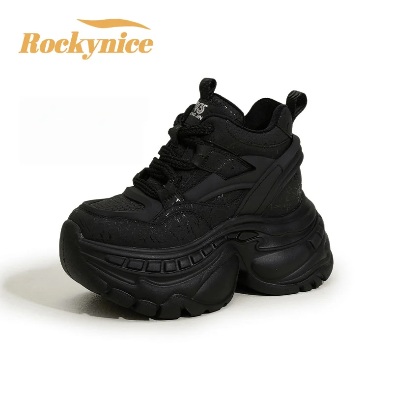 

9CM Heels Microfiber Leather Sneakers New 2025 Winter Warm Plush Cotton Shoes Breathable Women Lace-up Chunky Sports Dad Shoes