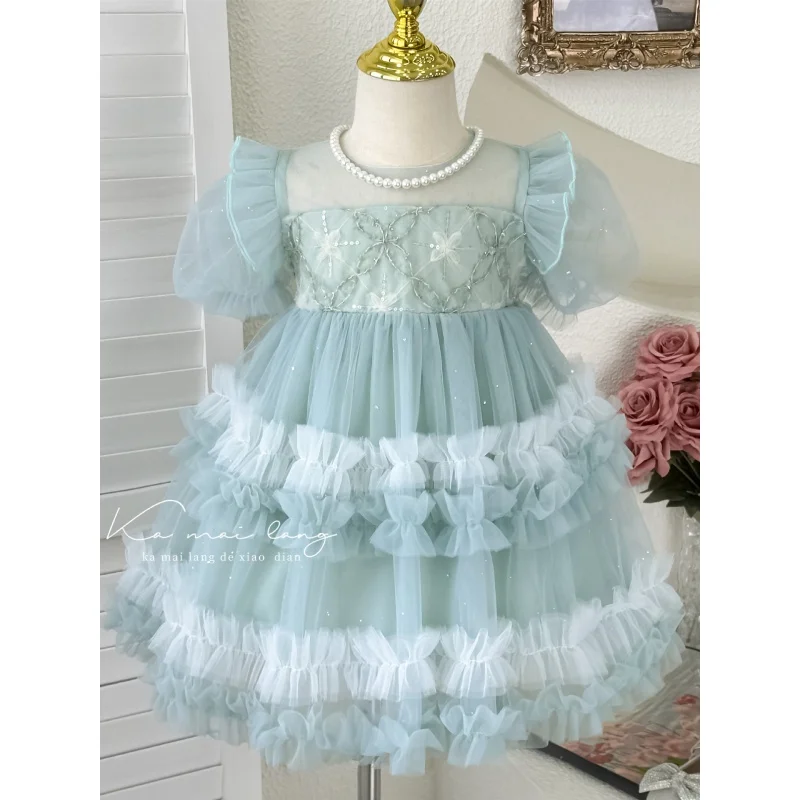 

ZLXZ-Girls' Dress2024Summer New High-Grade Western Style Pettiskirt Birthday Dress Puff Sleeve Embroidered Princess Dress