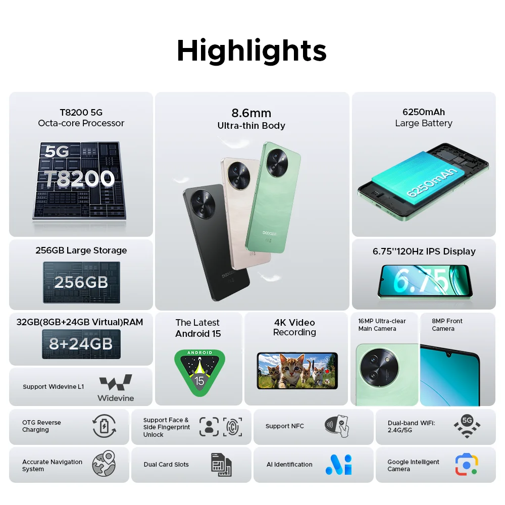 الإصدار العالمي DOOGEE Note59 Pro 5G الذكي 32 جيجابايت (8 + 24) 256 جيجابايت 6.75 بوصة HD + 120 هرتز UNISOC T8200 ثماني النواة 6250 مللي أمبير بطارية Android15 #2