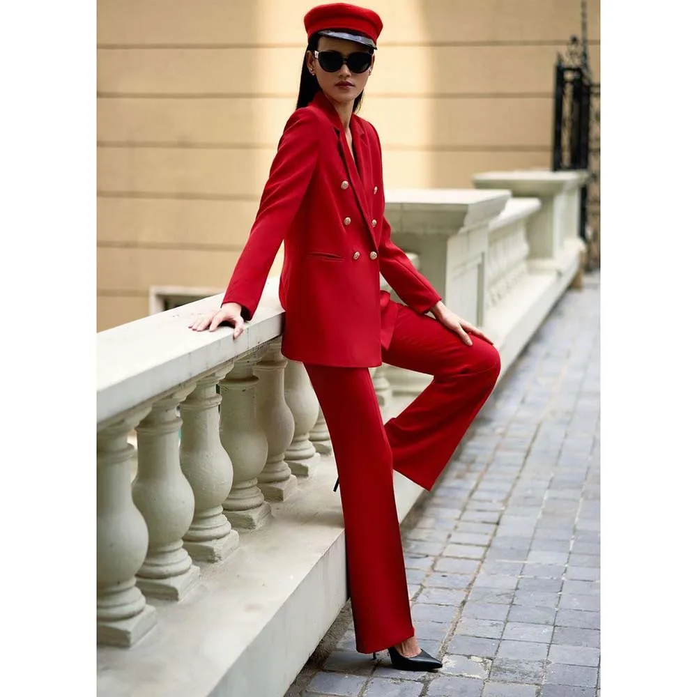 Elegant Double Breasted Red Women's Suits Formal Party Outfits Daily Office Work Full Set Custom Slim Fit 2 Piece Jacket Pants