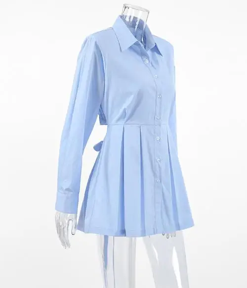 レディース新作長袖シャツワンピース - 襟付きボタンダウンプリーツヘムワンピース、バックタイカットアウトデザイン