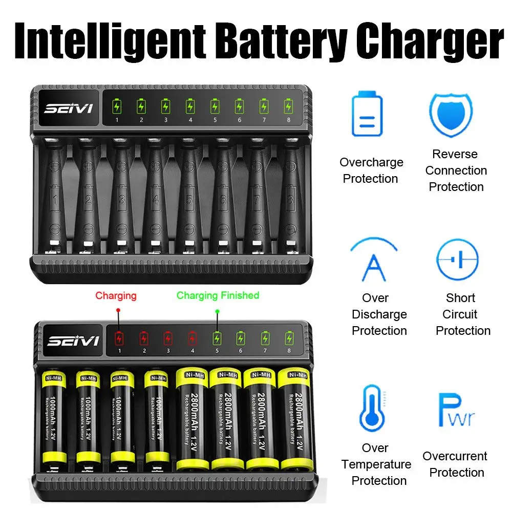 Portable LED Indicator Intelligent Battery Charger 8 Slot Fast Charging Dock Adapter For AA/AAA NiMH Rechargeable Batteries