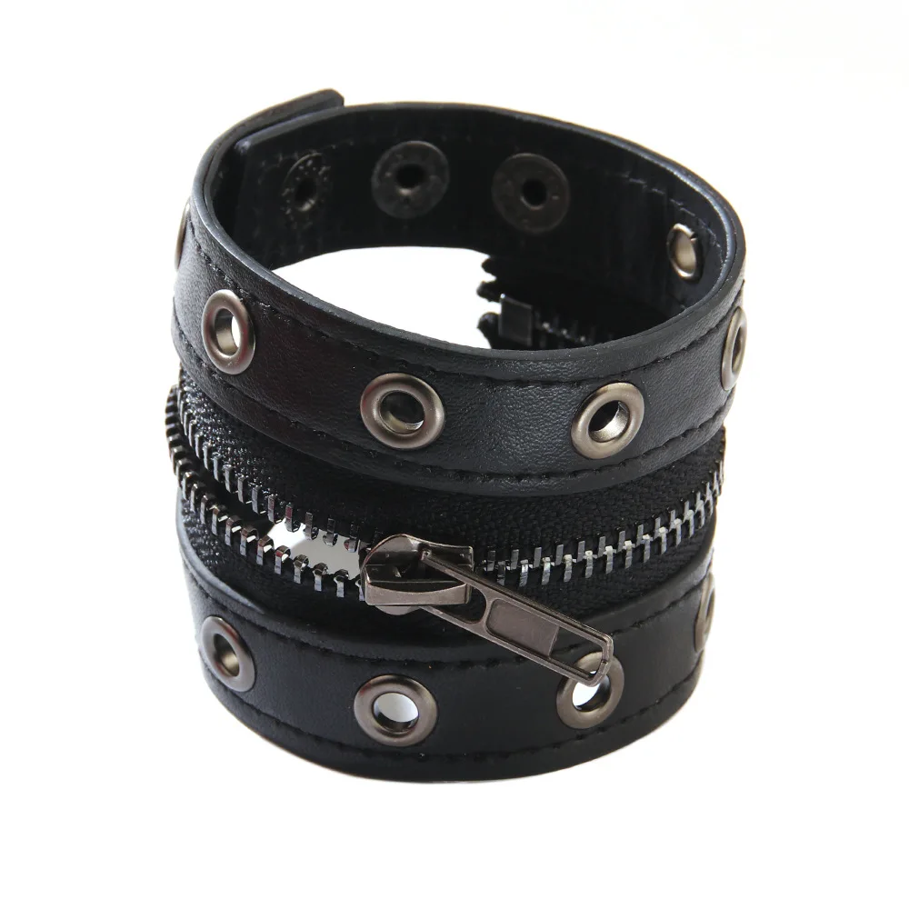 Fashion Trend Riveted Leather Bracelet Punk Men\'s Women\'s Unisex Round Hole Middle Zipper Wide Leather Hand Jewelry