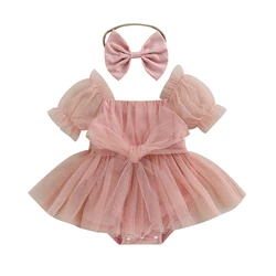 Baby Girl Clothes Summer Short Sleeve Bow Tulle Baby Girl Romper Dress Playsuit Newborn Baby Girl Sweet Jumpsuits with Headband