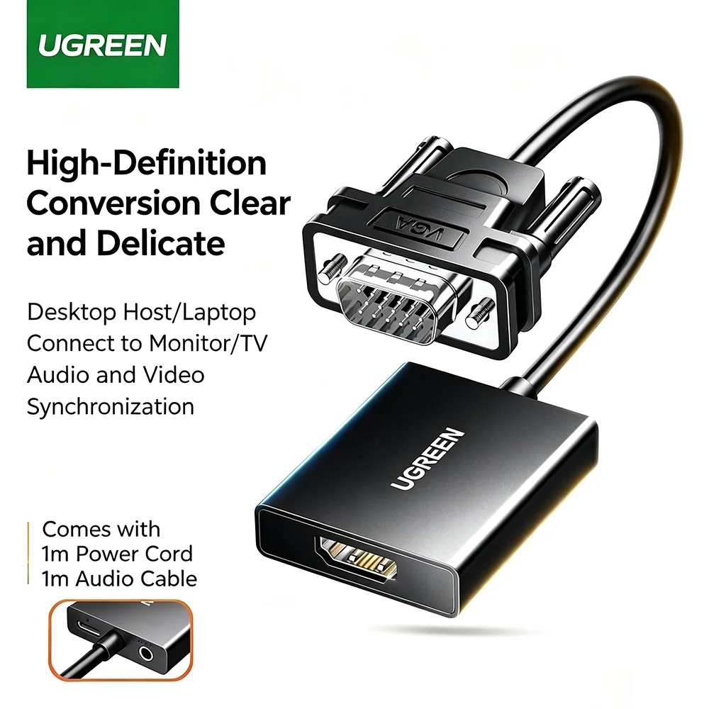 0.15M UGREEN VGA Male to HDMI Female Adapter Support Audio Output HD Signal Conversion for Computer Monitor Television Projector