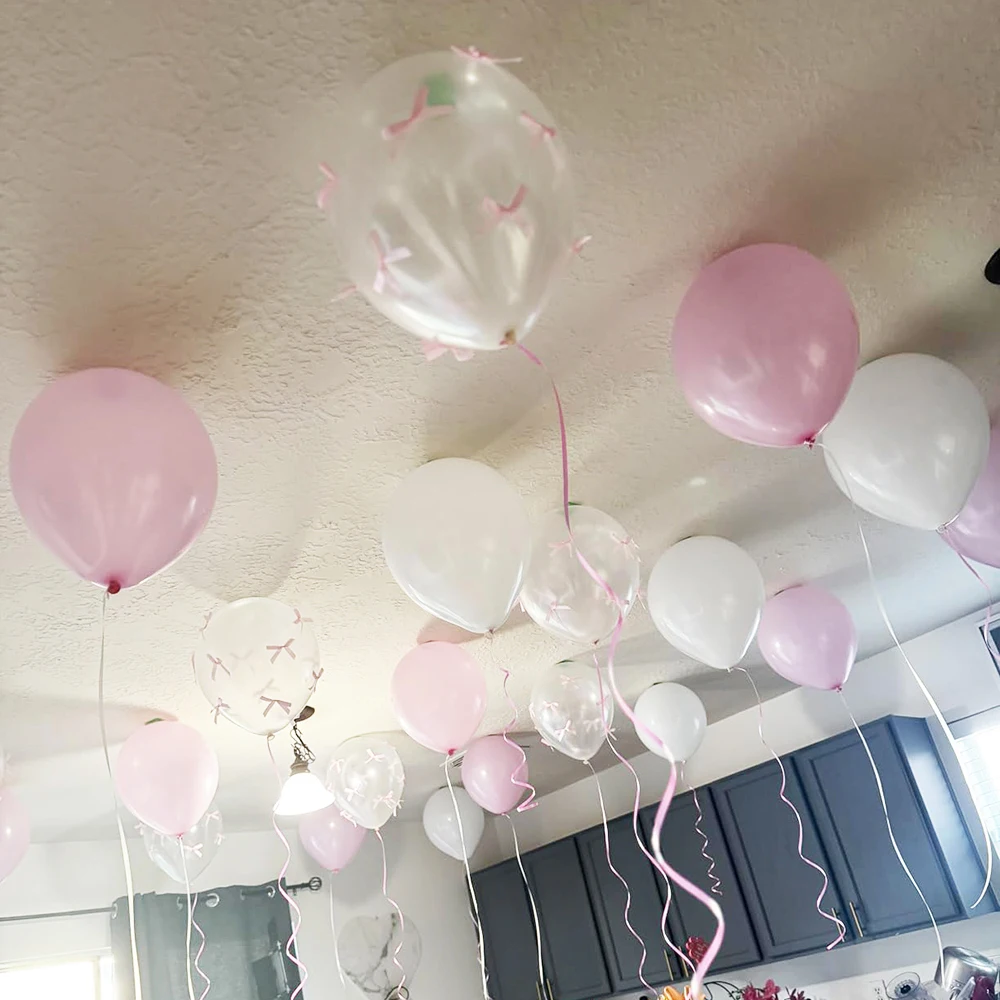 مجموعة بالونات على شكل فيونكة، بالون أبيض، شريط وردي صغير، زينة لحفلات أعياد الميلاد للفتيات، Globos، استحمام الطفل، دش الزفاف