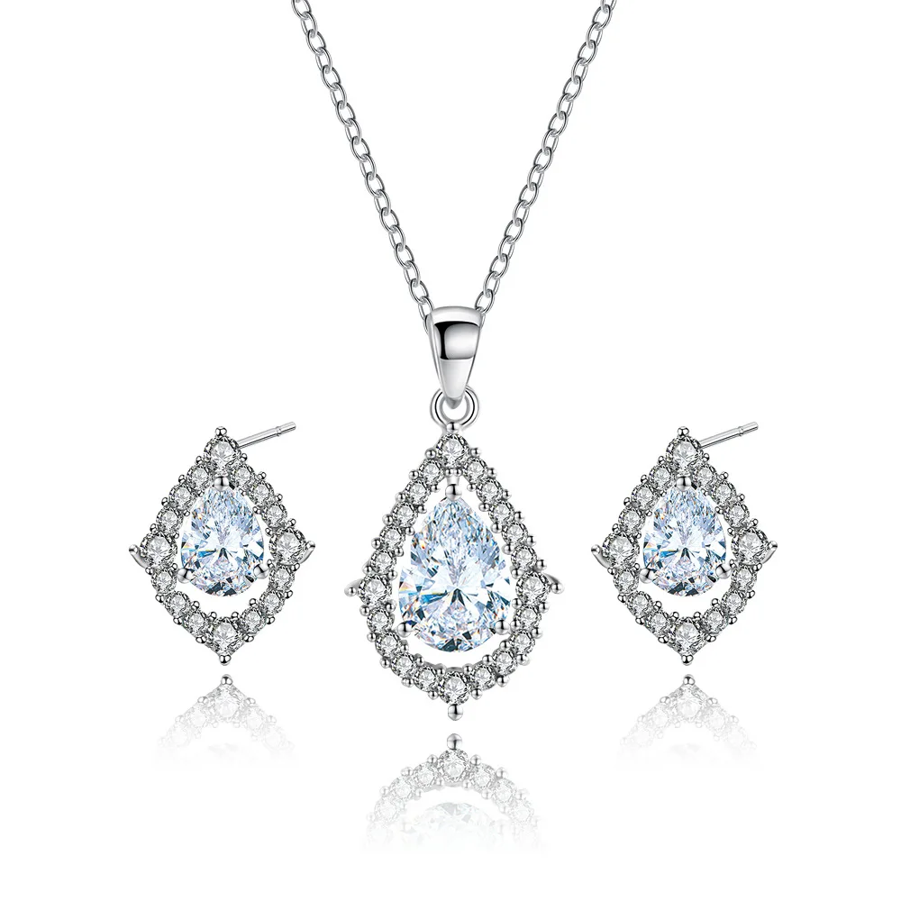 Women Earrings Necklace Set Water Drop Cubic Zirconia Earrings Necklace Set Banquet Couple Jewelry Set Give Girl Birthday Gift