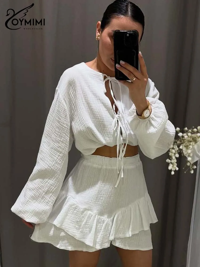 Oymimi Women's White 2 Piece Outfit 2026 Spring Smocked Crop Top And Ruffled Shorts Tie Front Puff Sleeve Casual Party Clothes